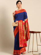 Double pallu paithani saree silk blend in royal blue and red with chakra phool meena butti - front view for party wear