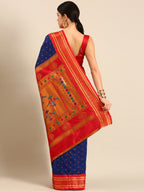 Double pallu paithani saree silk blend in royal blue and red with chakra phool meena butti - back view showing pallu and border for party wear
