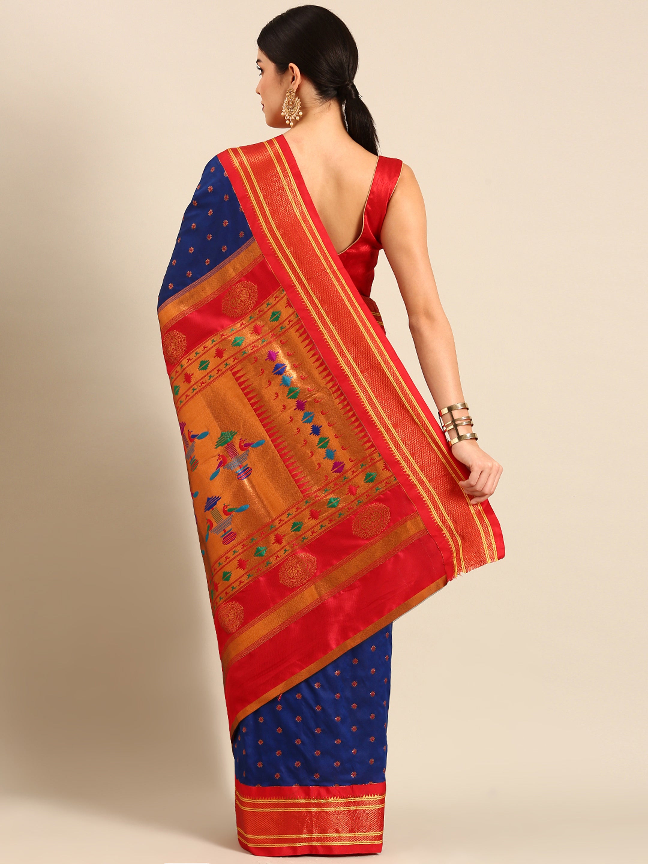 Double pallu paithani saree silk blend in royal blue and red with chakra phool meena butti - back view showing pallu and border for party wear
