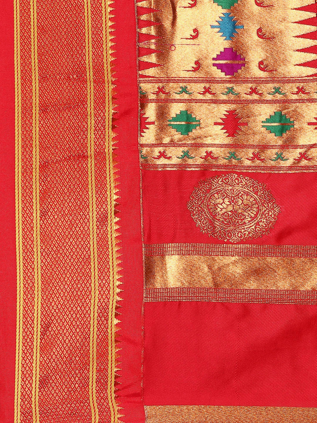 Double pallu paithani saree silk blend in royal blue and red with chakra phool meena butti - pallu detail showing woven motif design for party wear