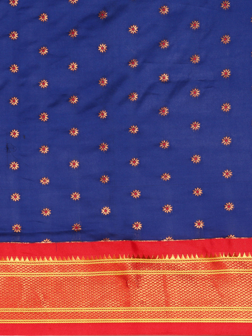 Double pallu paithani saree silk blend in royal blue and red with chakra phool meena butti - body fabric detail showing motif design for party wear
