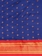 Double pallu paithani saree silk blend in royal blue and red with chakra phool meena butti - body fabric detail showing motif design for party wear