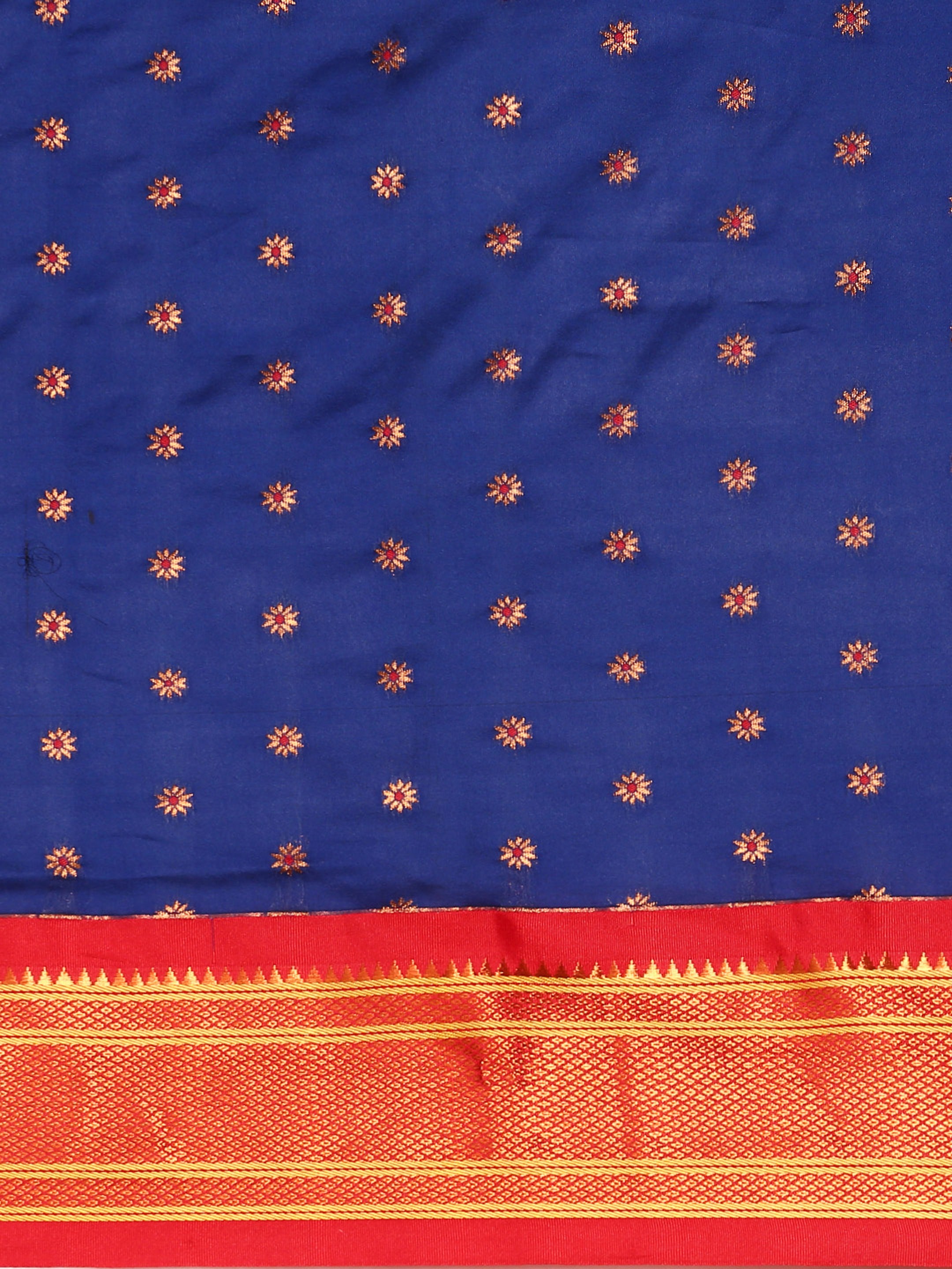 Double pallu paithani saree silk blend in royal blue and red with chakra phool meena butti - body fabric detail showing motif design for party wear