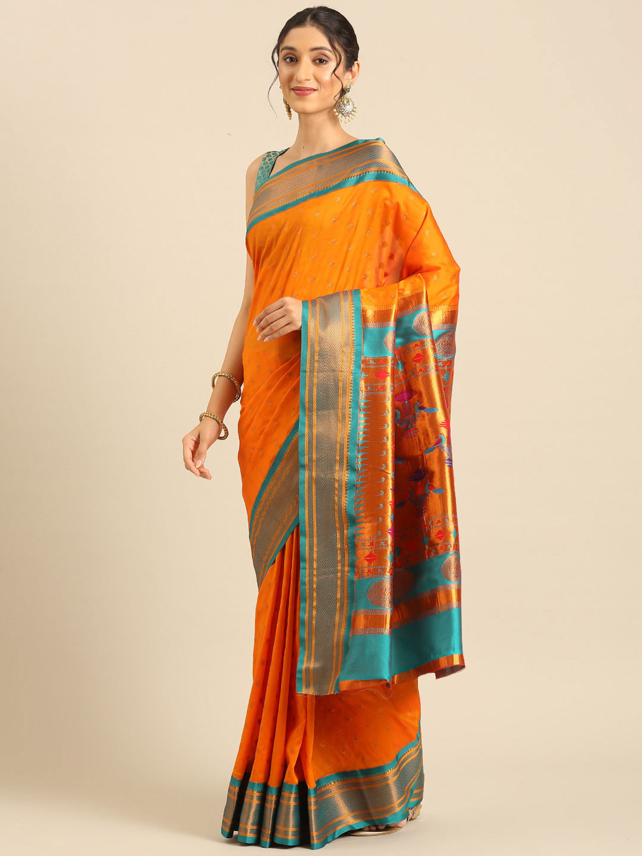 Double pallu paithani saree silk blend in saffron and rama with chakra phool meena butti - front view for party wear