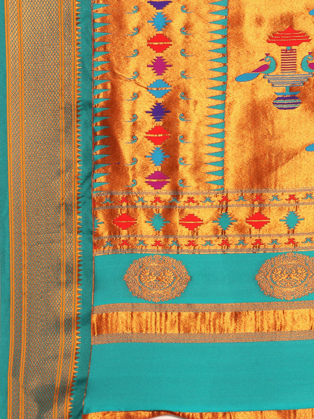 Double pallu paithani saree silk blend in saffron and rama with chakra phool meena butti - pallu detail showing woven motif design for party wear