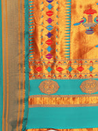 Double pallu paithani saree silk blend in saffron and rama with chakra phool meena butti - pallu detail showing woven motif design for party wear