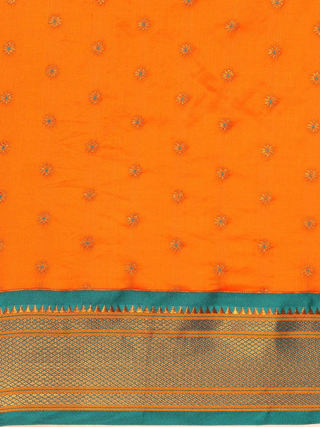 Double pallu paithani saree silk blend in saffron and rama with chakra phool meena butti - body fabric detail showing motif design for party wear