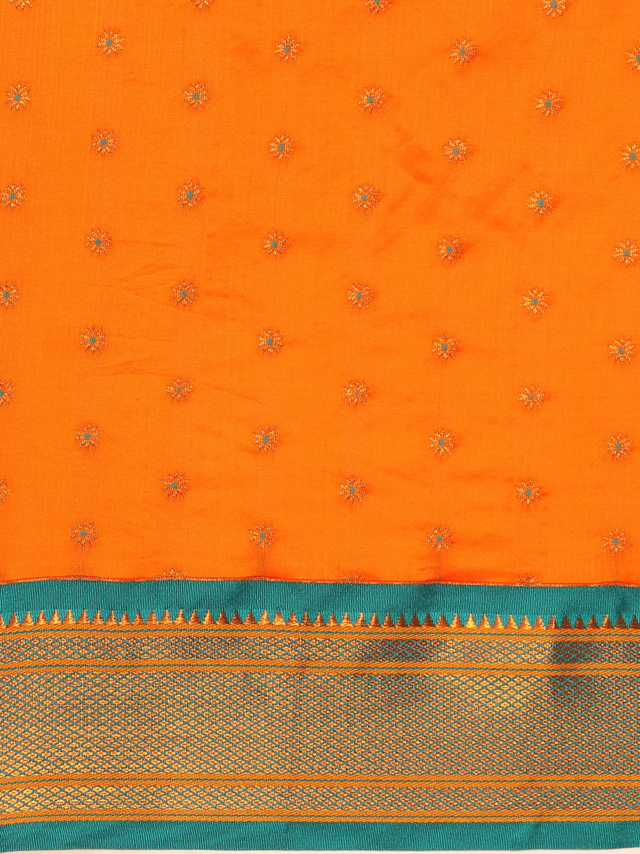 Double pallu paithani saree silk blend in saffron and rama with chakra phool meena butti - body fabric detail showing motif design for party wear