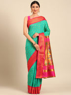 Double pallu paithani saree silk blend in sea green and pink with chakra phool meena butti - front view for party wear