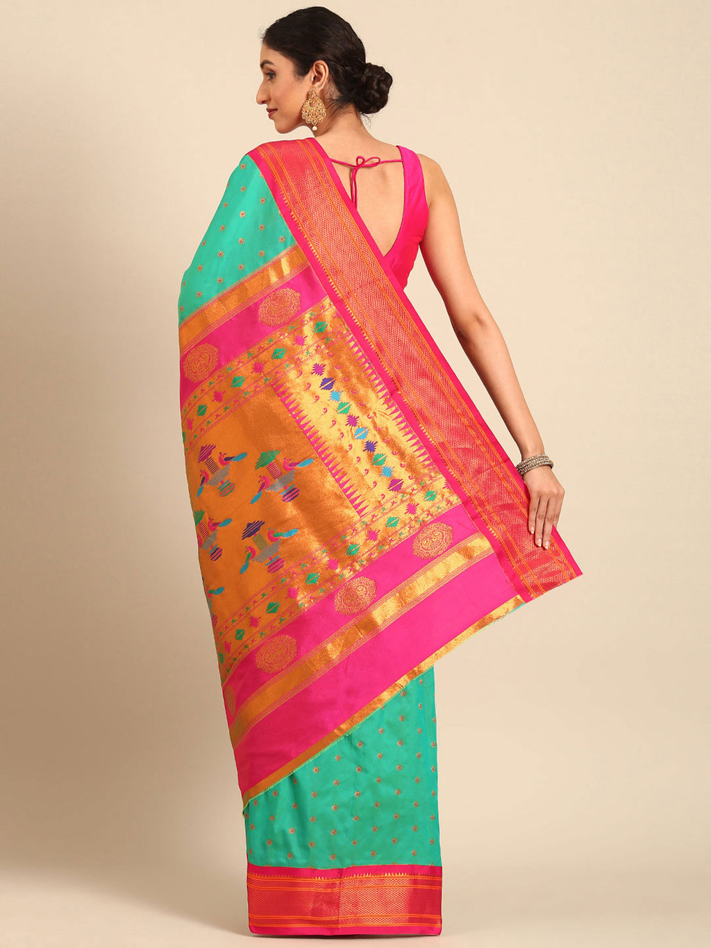 Double pallu paithani saree silk blend in sea green and pink with chakra phool meena butti - back view showing pallu and border for party wear