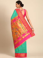 Double pallu paithani saree silk blend in sea green and pink with chakra phool meena butti - back view showing pallu and border for party wear
