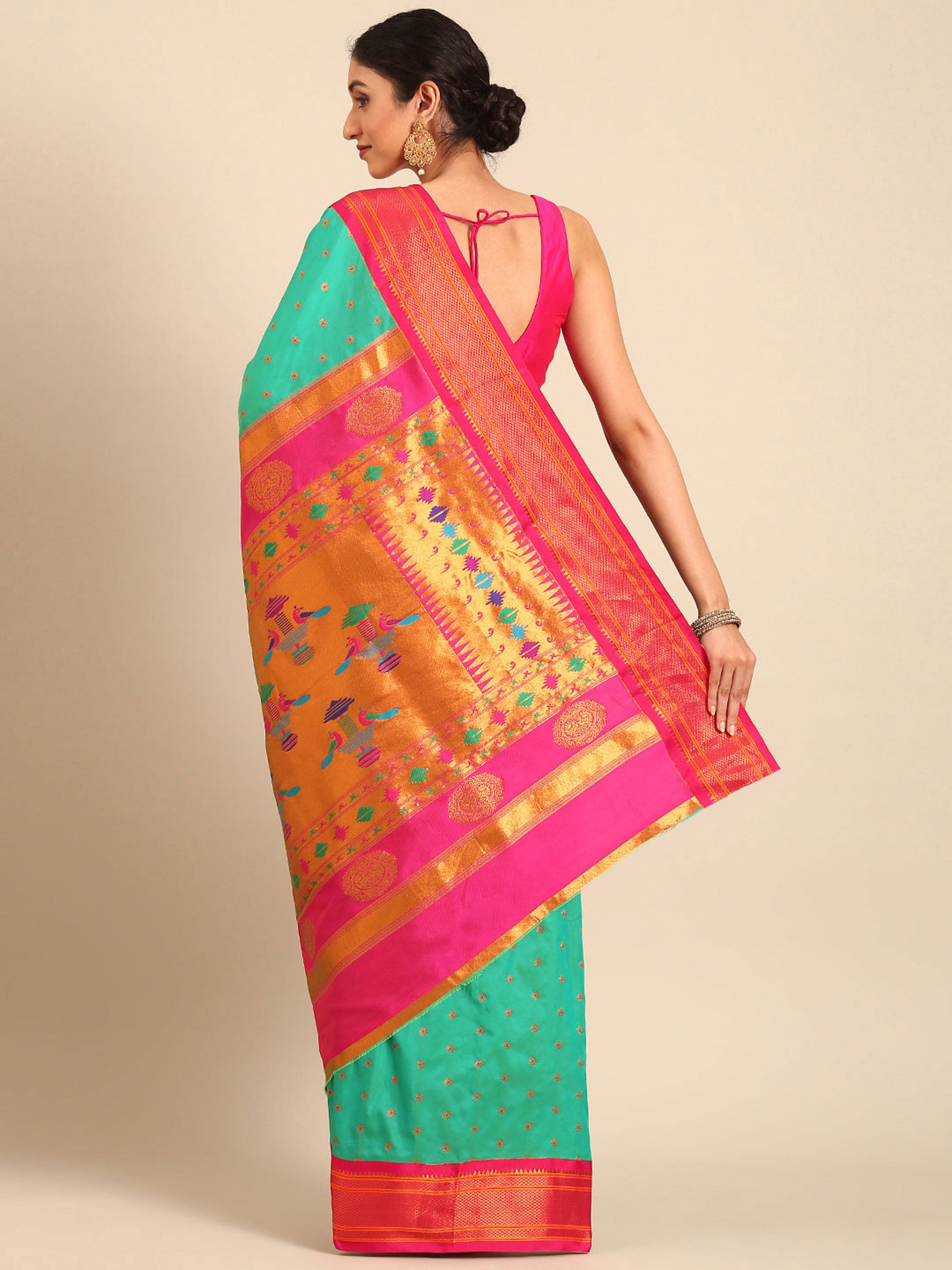 Double pallu paithani saree silk blend in sea green and pink with chakra phool meena butti - back view showing pallu and border for party wear