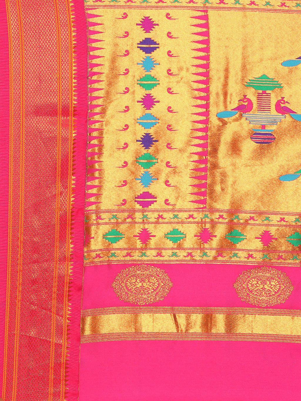 Double pallu paithani saree silk blend in sea green and pink with chakra phool meena butti - pallu detail showing woven motif design for party wear