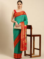 Double pallu paithani saree soft silk in sea green and red with chakra phool meena butti - front view for party wear