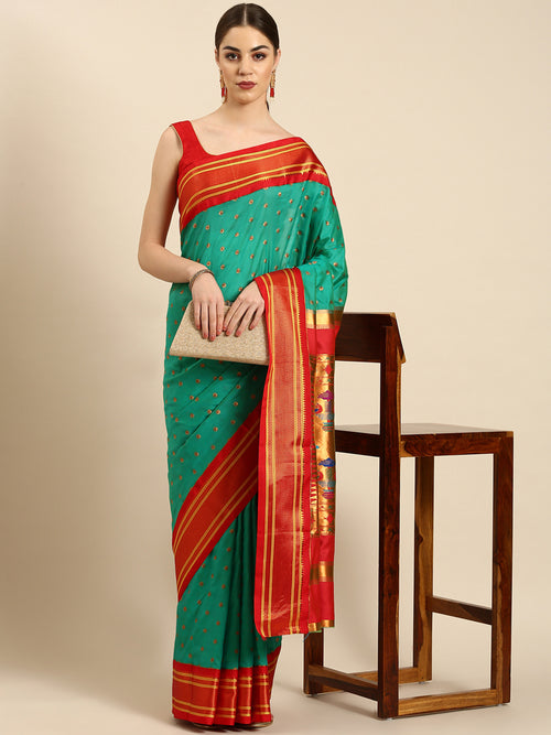 Double pallu paithani saree soft silk in sea green and red with chakra phool meena butti - front view for party wear