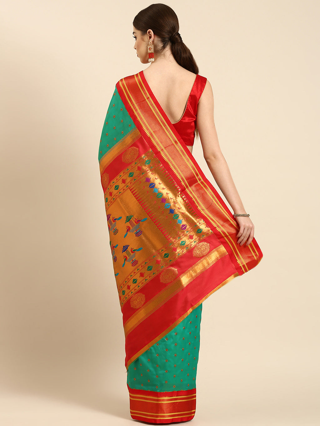 Double pallu paithani saree silk blend in sea green and red with chakra phool meena butti - back view showing pallu and border for party wear