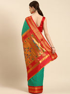 Double pallu paithani saree soft silk in sea green and red with chakra phool meena butti - back view showing pallu and border for party wear