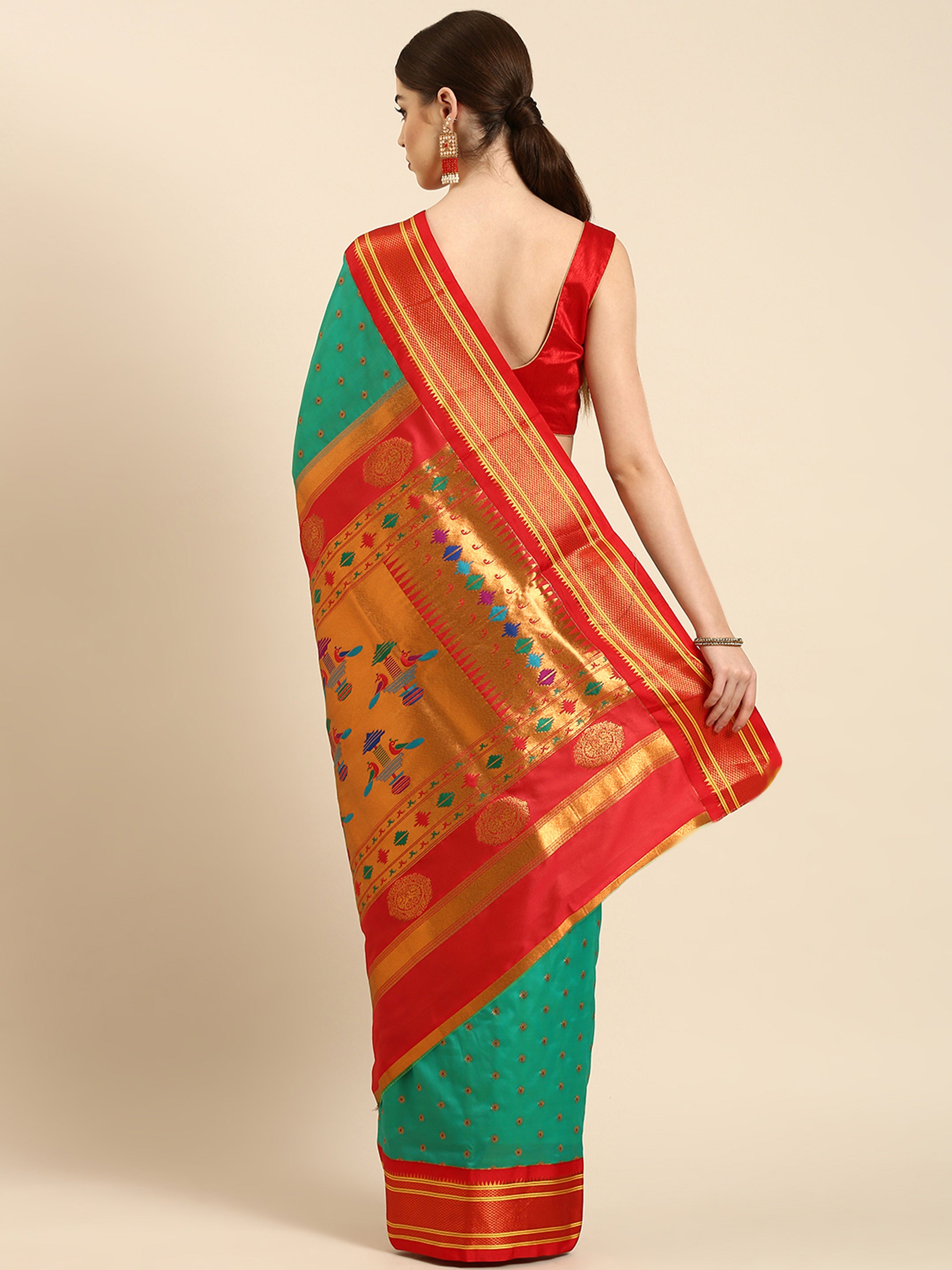 Double pallu paithani saree silk blend in sea green and red with chakra phool meena butti - back view showing pallu and border for party wear