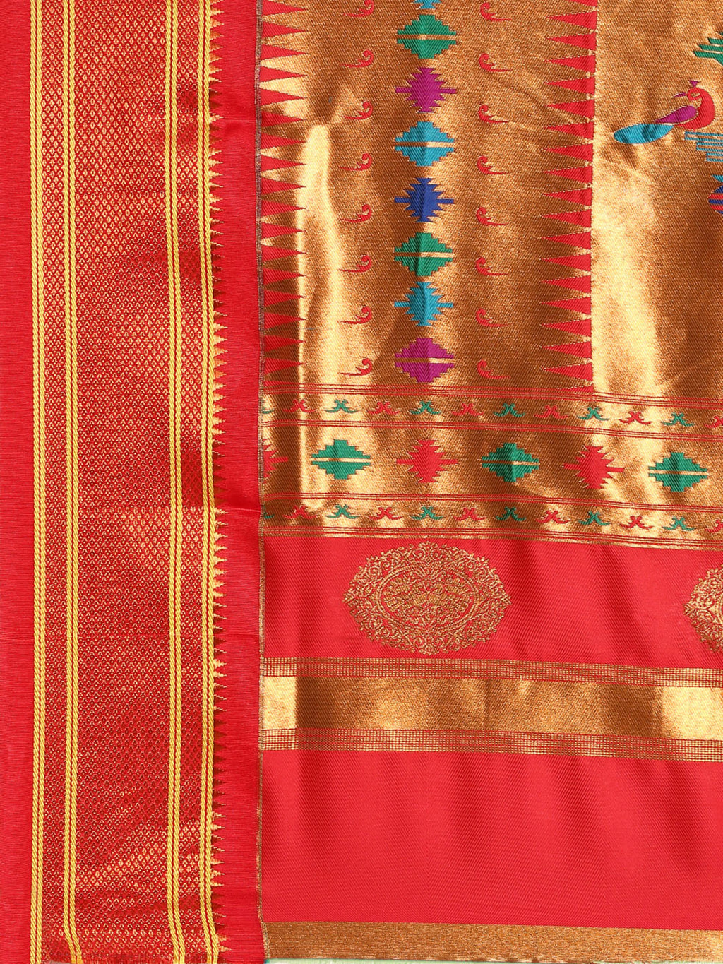 Double pallu paithani saree silk blend in sea green and red with chakra phool meena butti - pallu detail showing woven motif design for party wear