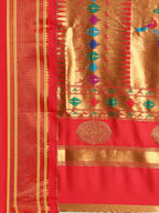 Double pallu paithani saree soft silk in sea green and red with chakra phool meena butti - pallu detail showing woven motif design for party wear