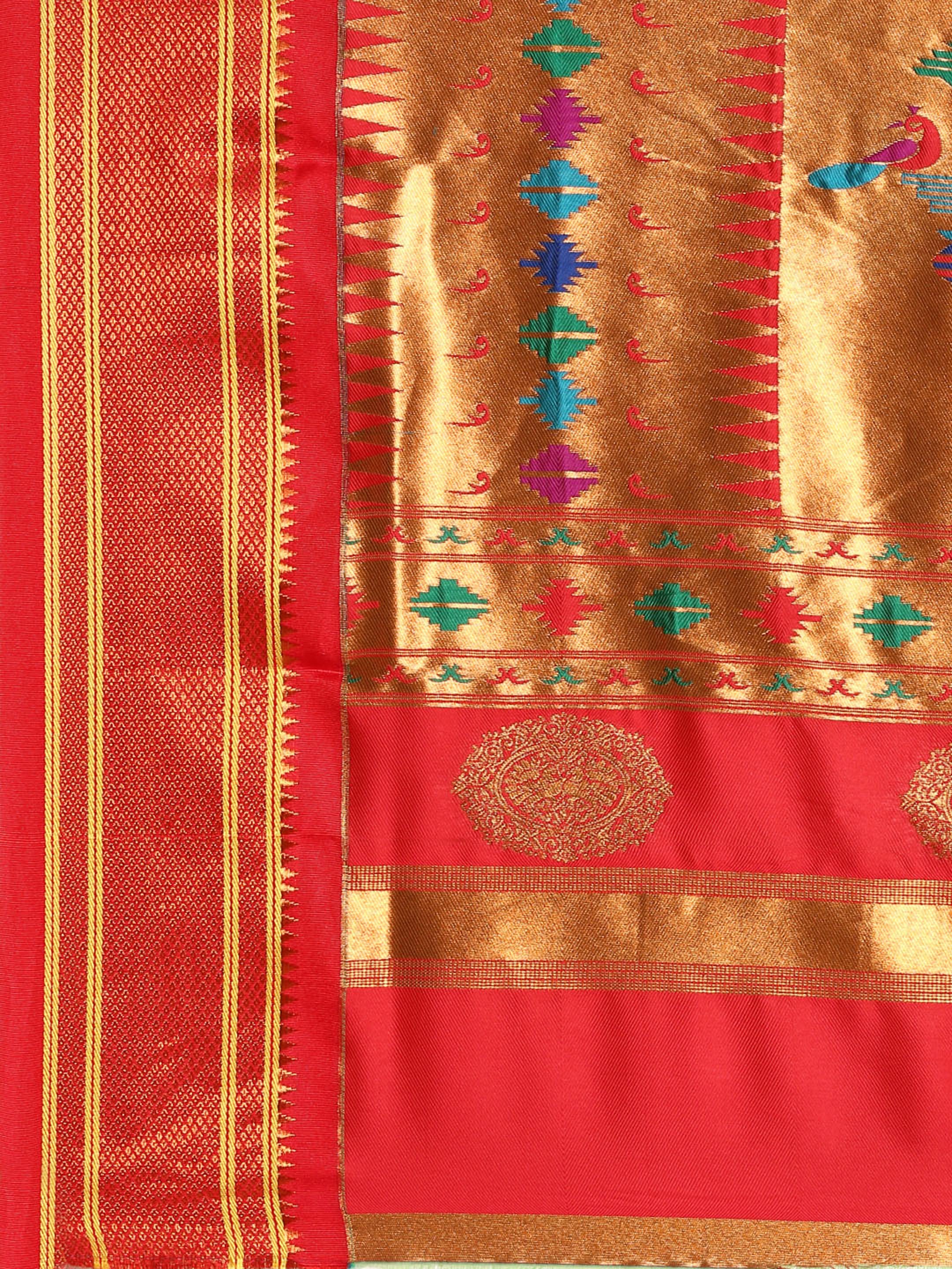 Double pallu paithani saree silk blend in sea green and red with chakra phool meena butti - pallu detail showing woven motif design for party wear