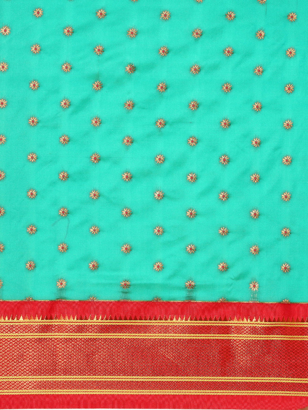 Double pallu paithani saree silk blend in sea green and red with chakra phool meena butti - body fabric detail showing motif design for party wear