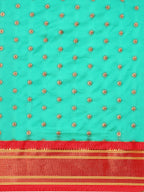 Double pallu paithani saree soft silk in sea green and red with chakra phool meena butti - body fabric detail showing motif design for party wear
