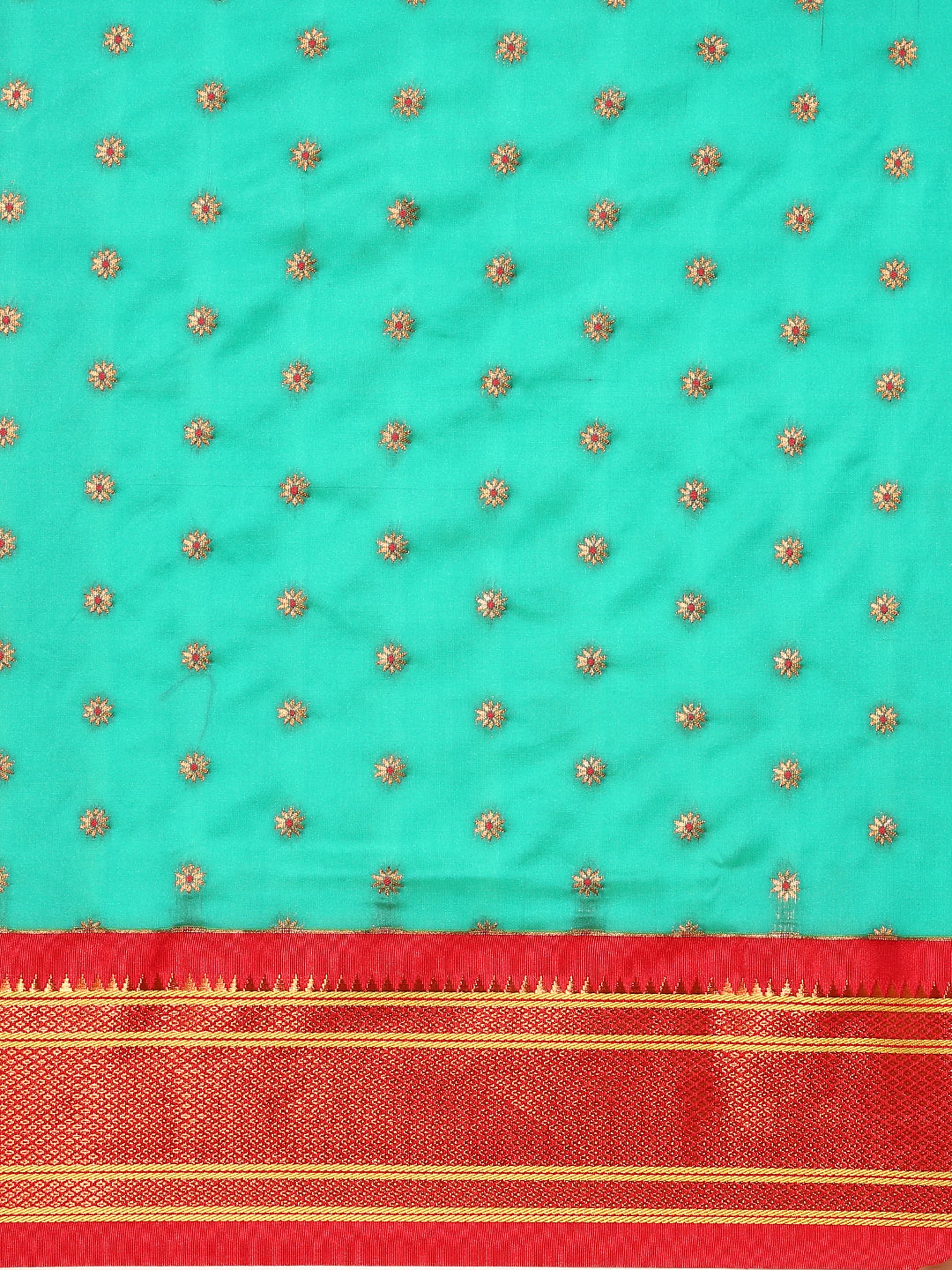 Double pallu paithani saree silk blend in sea green and red with chakra phool meena butti - body fabric detail showing motif design for party wear