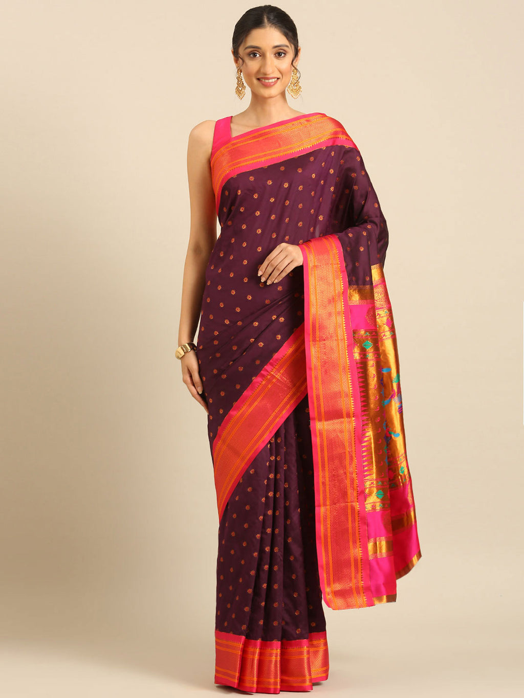Double pallu paithani saree silk blend in wine and pink with chakra phool meena butti - front view for party wear