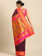 Double pallu paithani saree silk blend in wine and pink with chakra phool meena butti - back view showing pallu and border for party wear