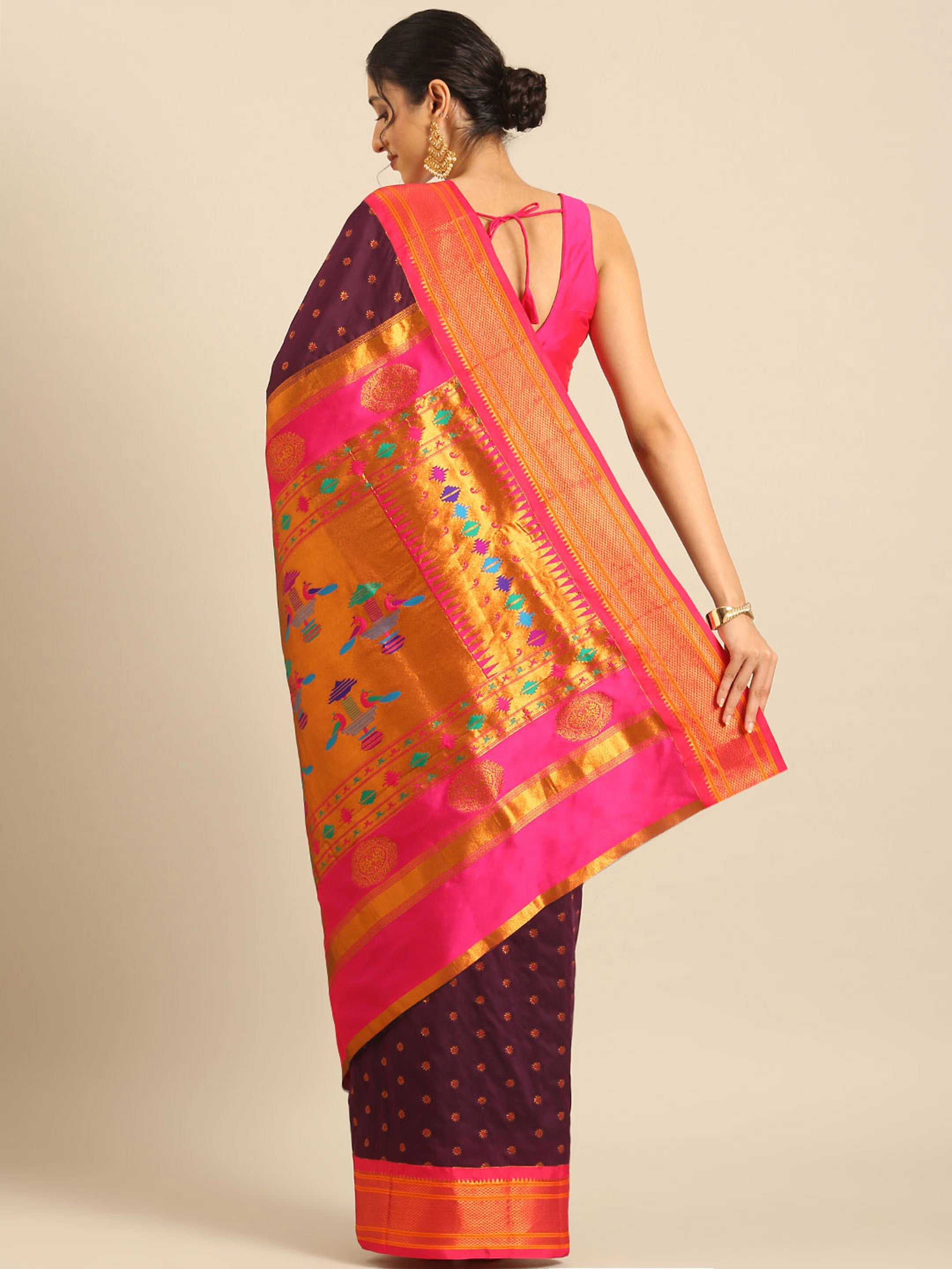 Double pallu paithani saree silk blend in wine and pink with chakra phool meena butti - back view showing pallu and border for party wear