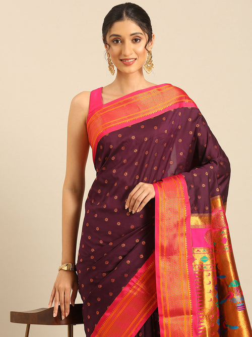 Double pallu paithani saree soft silk in wine and pink with chakra phool meena butti - closeup view showing fabric and zari work for party wear