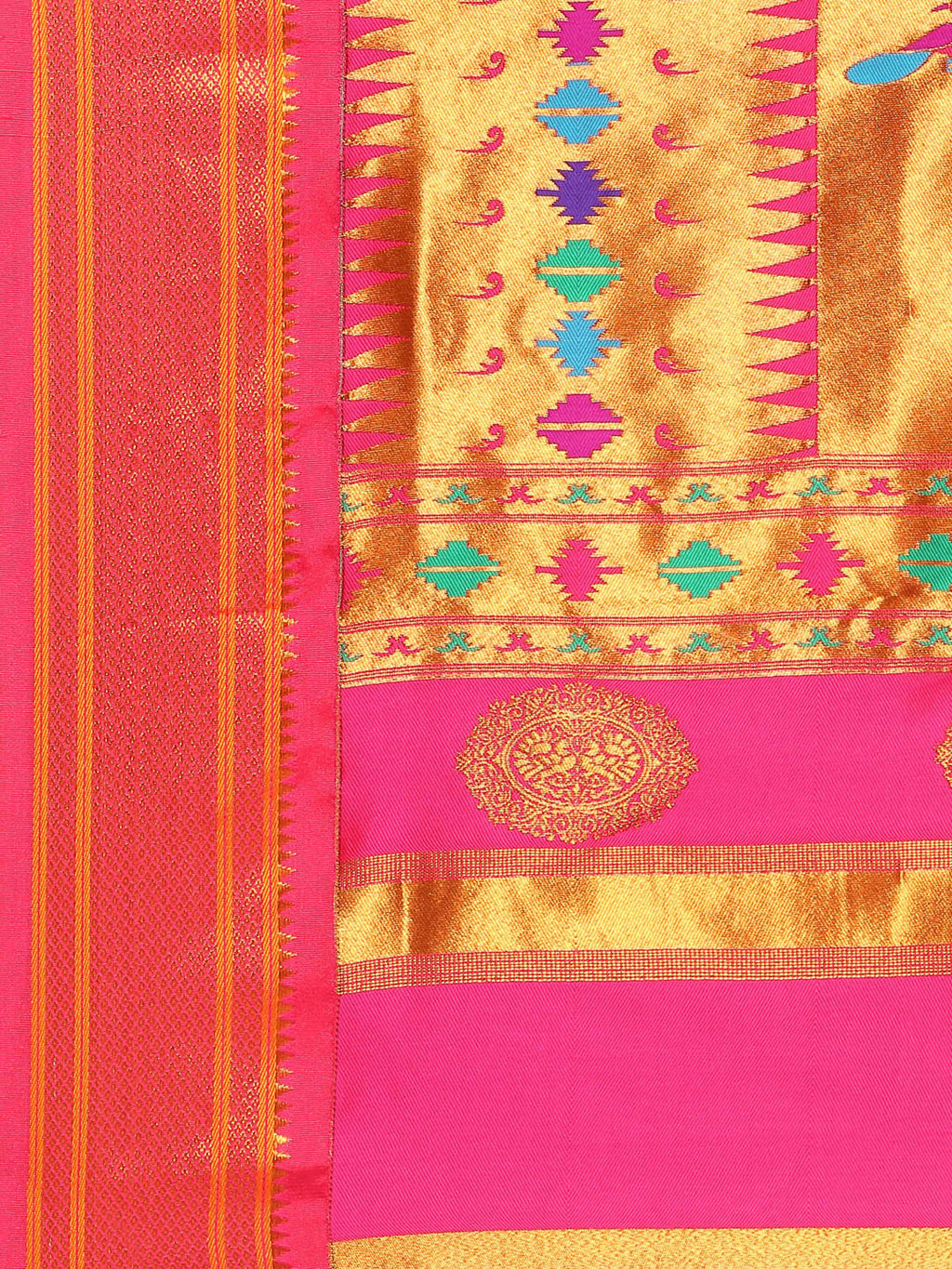 Double pallu paithani saree silk blend in wine and pink with chakra phool meena butti - pallu detail showing woven motif design for party wear