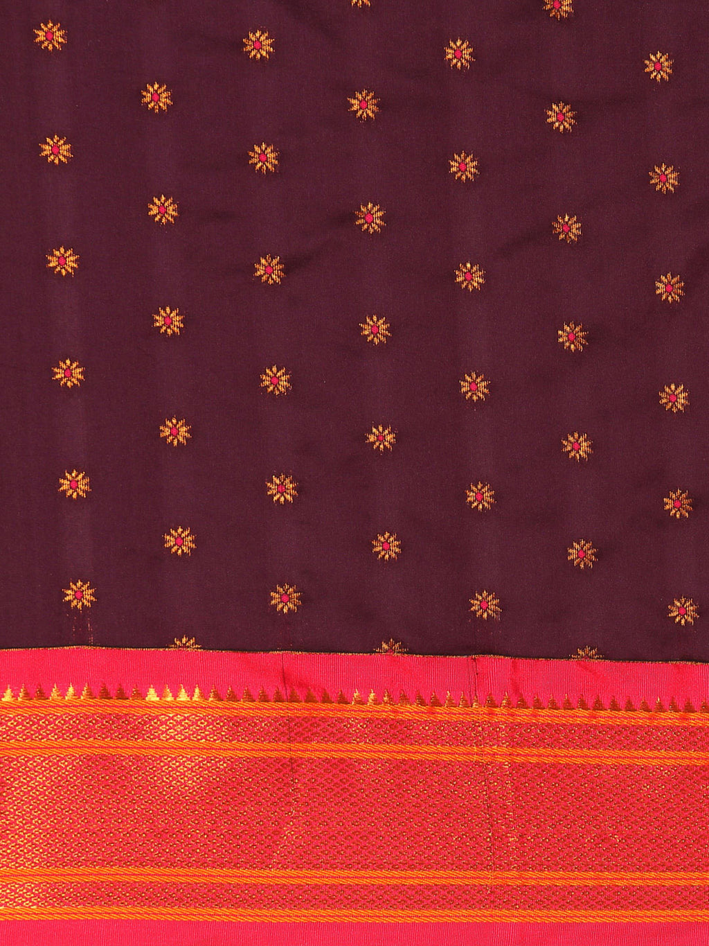 Double pallu paithani saree silk blend in wine and pink with chakra phool meena butti - body fabric detail showing motif design for party wear