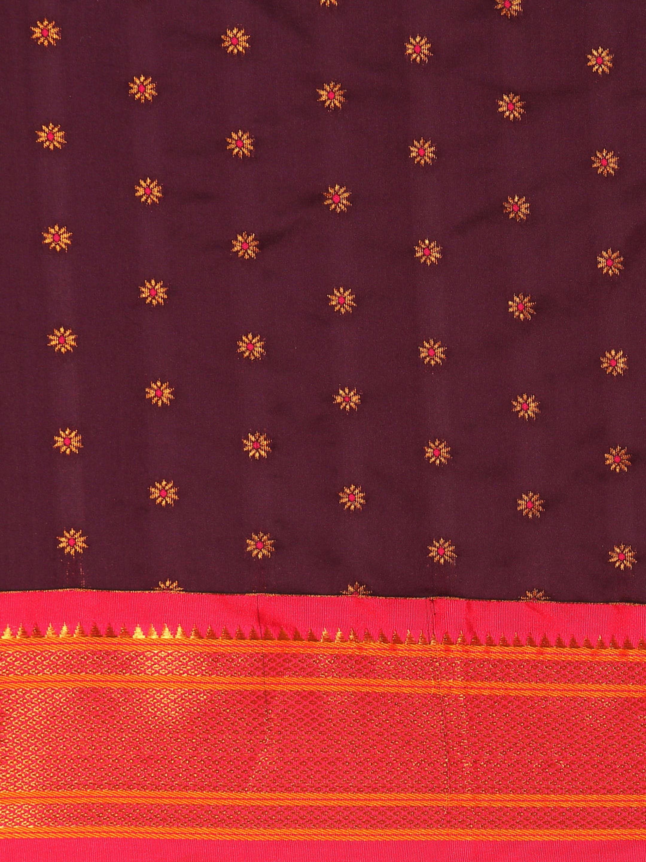 Double pallu paithani saree silk blend in wine and pink with chakra phool meena butti - body fabric detail showing motif design for party wear