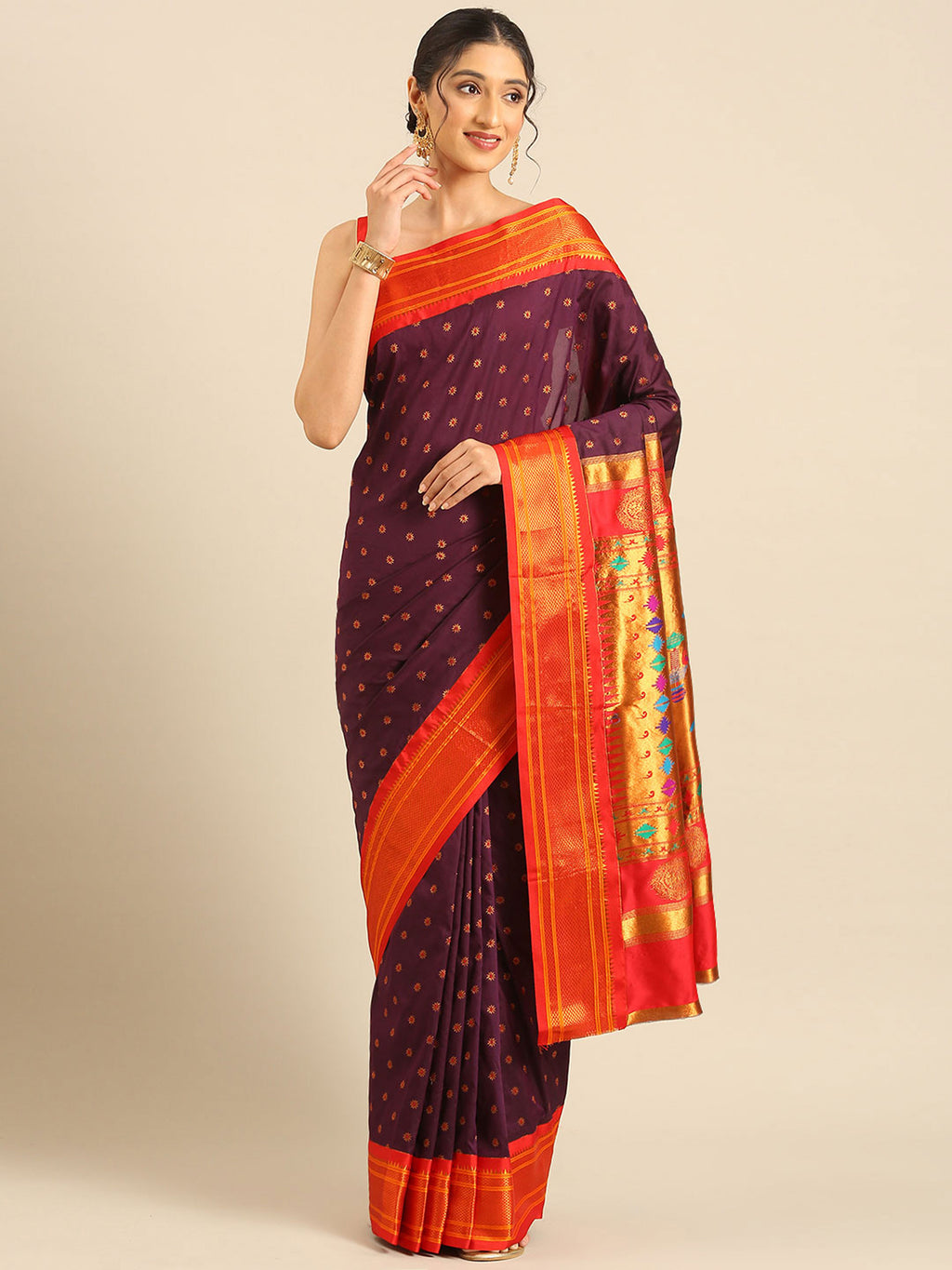 Double pallu paithani saree silk blend in wine red with chakra phool meena butti - front view for party wear