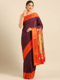 Double pallu paithani saree silk blend in wine red with chakra phool meena butti - front view for party wear