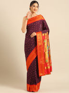 Double pallu paithani saree silk blend in wine red with chakra phool meena butti - front view for party wear
