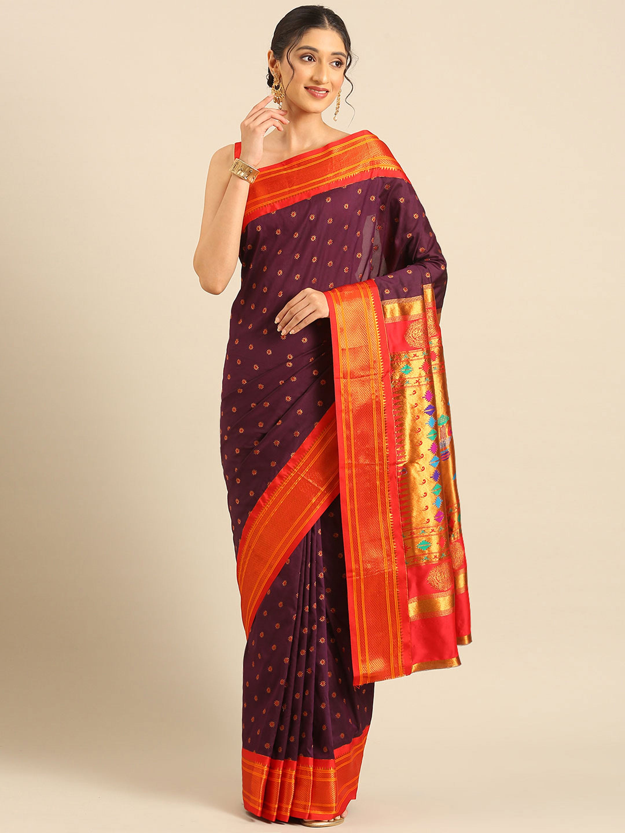 Double pallu paithani saree silk blend in wine red with chakra phool meena butti - front view for party wear
