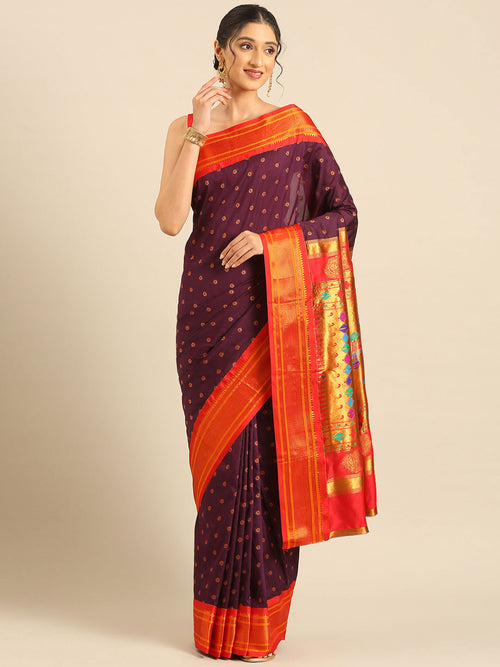Double pallu paithani saree silk blend in wine red with chakra phool meena butti - front view for party wear