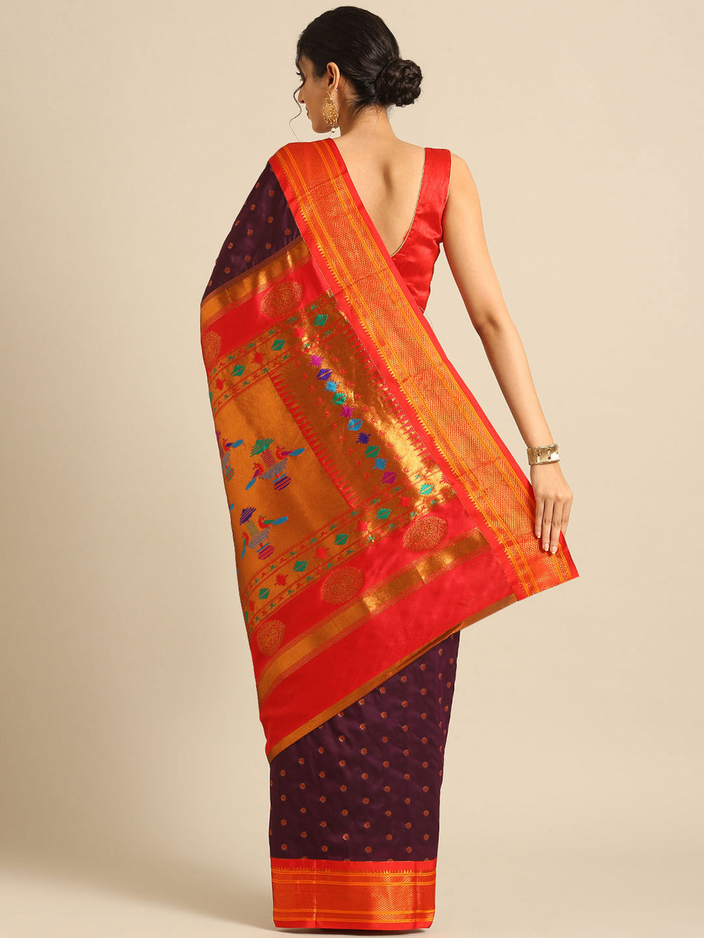Double pallu paithani saree silk blend in wine red with chakra phool meena butti - back view showing pallu and border for party wear