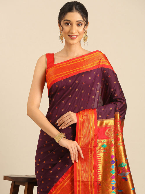 Double pallu paithani saree soft silk in wine red with chakra phool meena butti - closeup view showing fabric and zari work for party wear