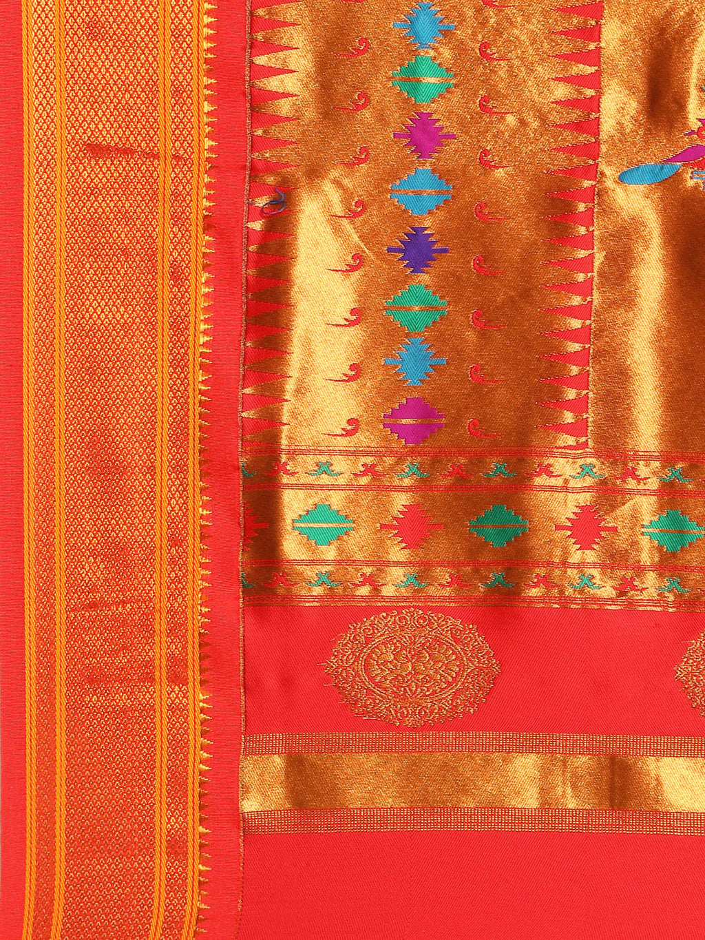 Double pallu paithani saree silk blend in wine red with chakra phool meena butti - pallu detail showing woven motif design for party wear