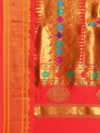 Double pallu paithani saree silk blend in wine red with chakra phool meena butti - pallu detail showing woven motif design for party wear