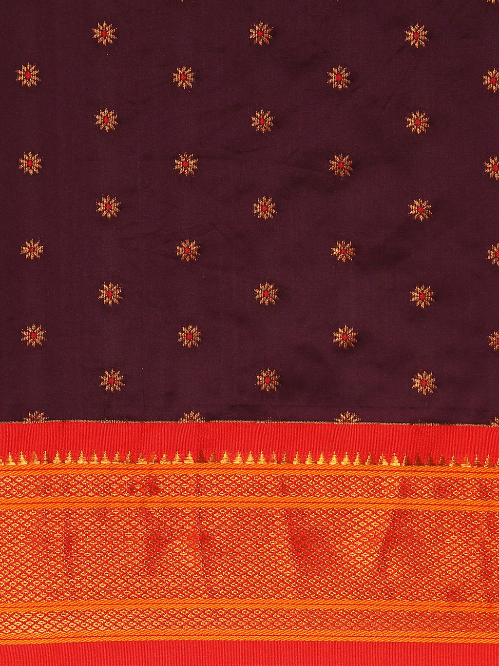 Double pallu paithani saree silk blend in wine red with chakra phool meena butti - body fabric detail showing motif design for party wear