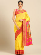 Double pallu paithani saree silk blend in yellow and pink with chakra phool meena butti - front view for party wear