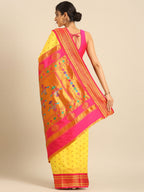 Double pallu paithani saree silk blend in yellow and pink with chakra phool meena butti - back view showing pallu and border for party wear