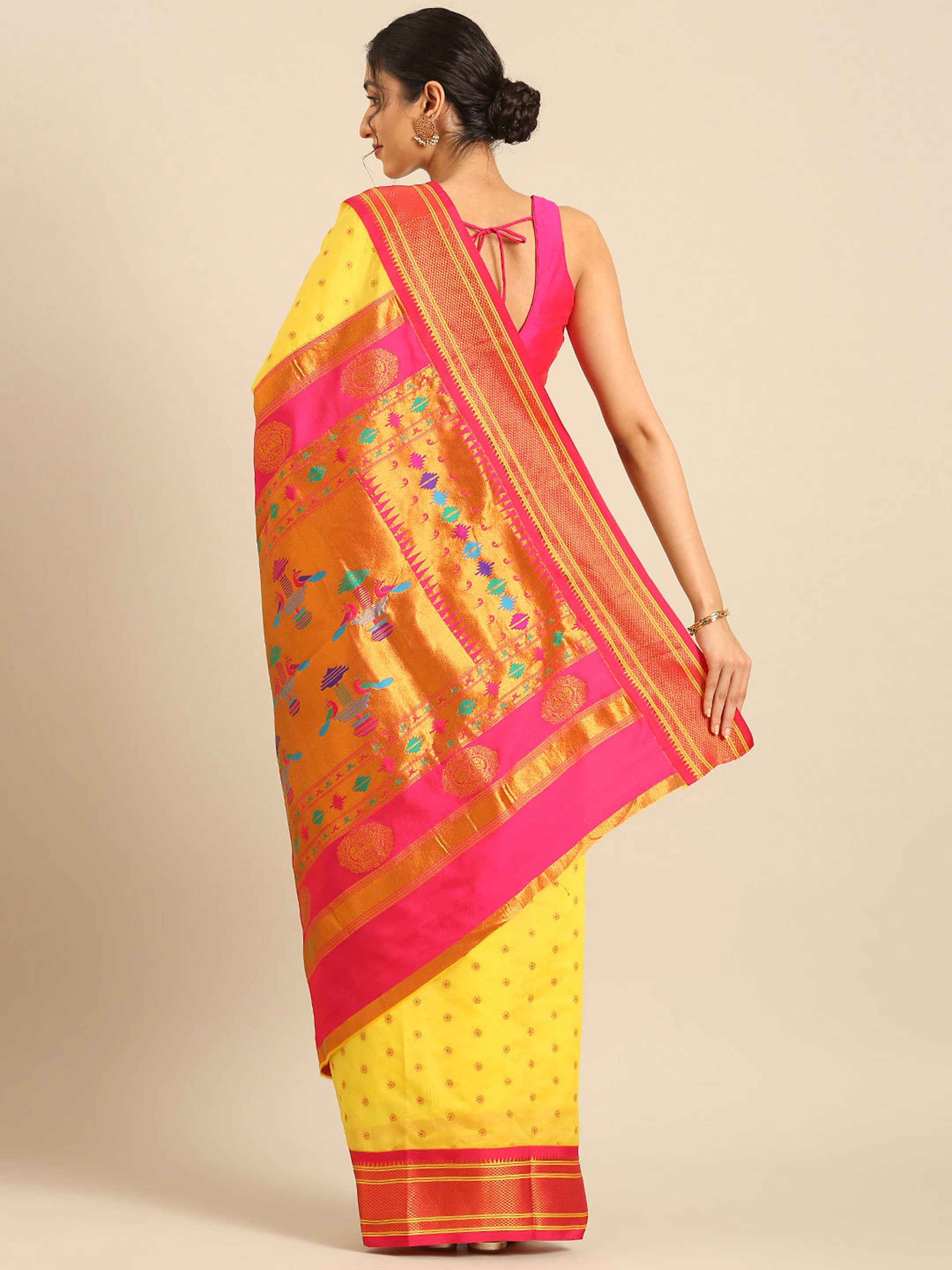 Double pallu paithani saree silk blend in yellow and pink with chakra phool meena butti - back view showing pallu and border for party wear