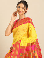 Double pallu paithani saree silk blend in yellow and pink with chakra phool meena butti - closeup view showing fabric and zari work for party wear