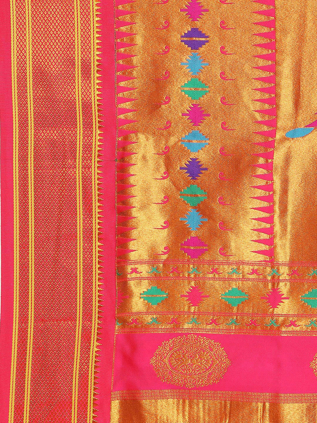 Double pallu paithani saree silk blend in yellow and pink with chakra phool meena butti - pallu detail showing woven motif design for party wear